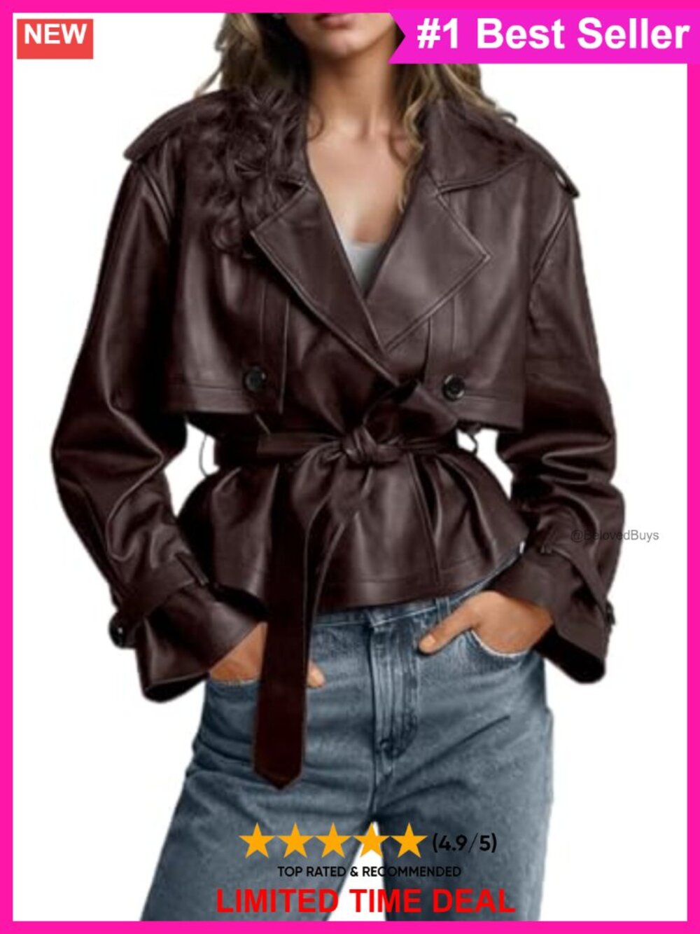 Faux Leather Trench Coat Belted Moto Business Casual Short